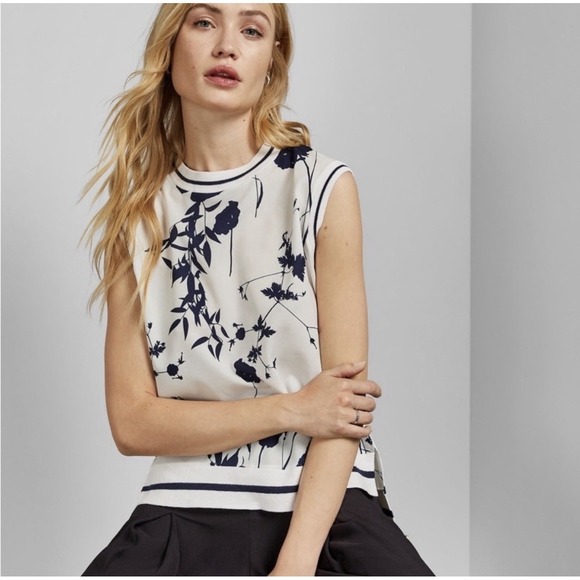 Ted Baker Miha Bluebell Floral Ribbed Trim Top. White. Sleeveless. Sz 2 - Picture 1 of 14